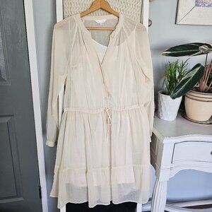Lauren Conrad Cream Sheer Dress | Size L Long Sleeve with Slim Built-In Slip
